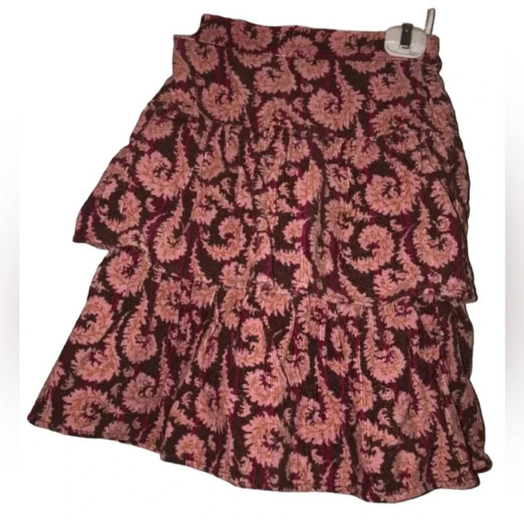 TEA COLLECTION Girls Pink Brown Floral Tiered Corduroy Skirt Sz 4 Modest No Slit - Picture 1 of 2